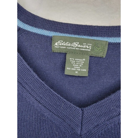Eddie Bauer Mens Supima Cotton V-Neck Pullover Sweater Navy Blue Size Medium - Picture 3 of 4